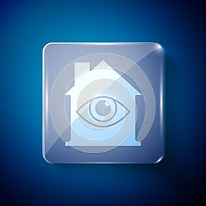 White House with eye scan icon isolated on blue background. Scanning eye. Security check symbol. Cyber eye sign. Square