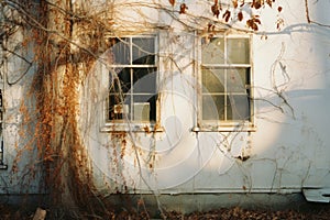 a white house with ivy growing on the side of it