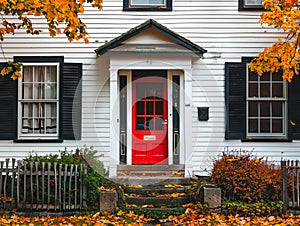 A white house with a red door and fall leaves