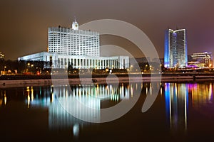 White House of Russian Federation. Moscow River. Night pgoto