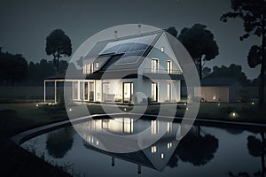 White House with Solar Panels and Pool at Night, Generative AI