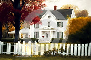 white house surrounded by white picket fence in autumn