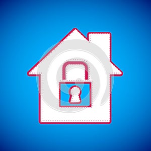 White House under protection icon isolated on blue background. Home and lock. Protection, safety, security, protect