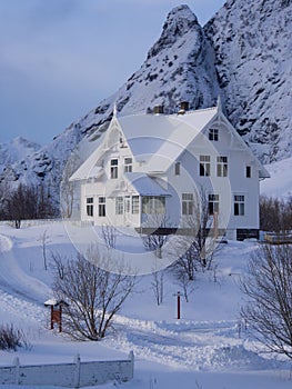 White house in the village of Ã… on Lofoten, Norway