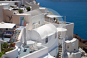 White houses and characteristic blue sea landscape at Santorini island in Greece.