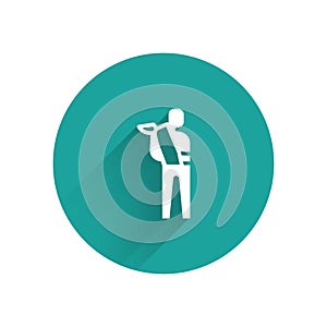 White Human broken arm icon isolated with long shadow. Injured man in bandage. Green circle button. Vector