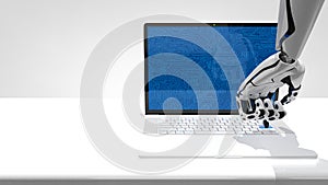 White human shaped robot hand pressing a blue key of an white laptop with blue circuit board screen on reflective desk. 3D