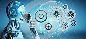 White humanoid robot using digital gears 3D rendering