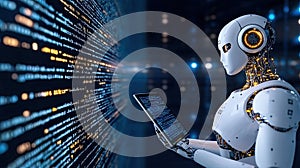 A white humanoid robot examines programming code on a computer screen, set against a deep blue backdrop, highlighting