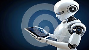 A white humanoid robot examines programming code on a computer screen, set against a deep blue backdrop, highlighting