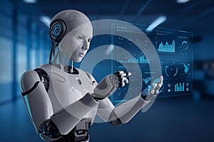 A white humanoid robot with a humanlike face is interacting with a transparent digital screen displaying various data photo