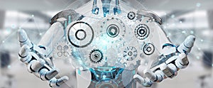 White humanoid robot using digital gears 3D rendering