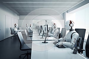 White humanoid robots sitting at white desks in the office, working with a computer