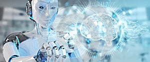 White humanoid woman using digital artificial intelligence icon