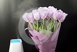 White humidifier with spring flowers on a black background.
