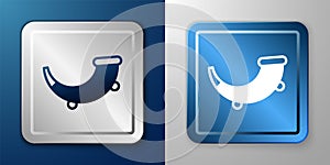 White Hunting horn icon isolated on blue and grey background. Silver and blue square button. Vector