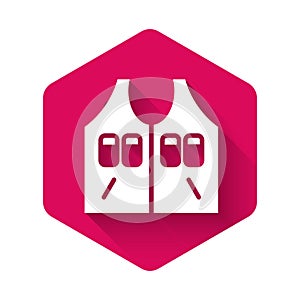 White Hunting jacket icon isolated with long shadow. Hunting vest. Pink hexagon button. Vector