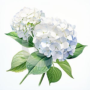 White Hydrangea Watercolor Illustration: Hyperrealistic Floral Artwork