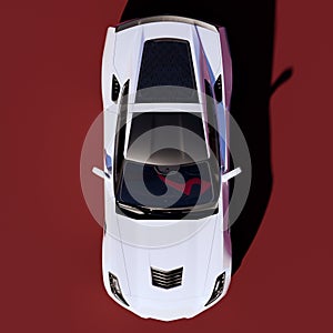 White hyper or sport car with red background wall, realistic 3D rendering illustration