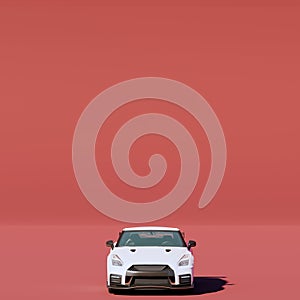 White hyper or sport car with red background wall, realistic 3D rendering illustration