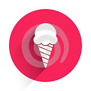 White Ice cream in waffle cone icon isolated with long shadow. Sweet symbol. Red circle button. Vector