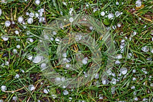 White ice hail on the green grass after summer storm