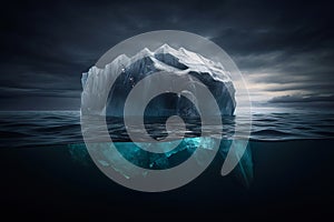 White iceberg on deep blue ocean. Environment concept. Generative AI