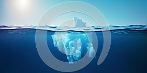 White Iceberg floating in clear blue water sea, under and above water view. Global Warming Concept. Generative AI