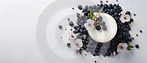 White Icing Cupcake with Blueberries and White Flowers  on a White Background