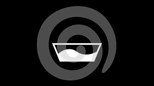 White icon of basin with water appears on a black background.