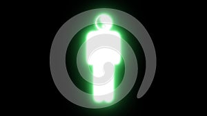 White icon of a man with Yin Yang symbol instead of his head on black background with pulsing green glow in seamless