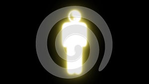 White icon of a man with Yin Yang symbol instead of his head on black background with pulsing warm orange glow in