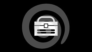 White icon of suitcase for tools appears on a black background.