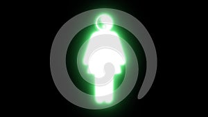 White icon of a woman with Yin Yang head on black background with pulsing green glow in seamless loop