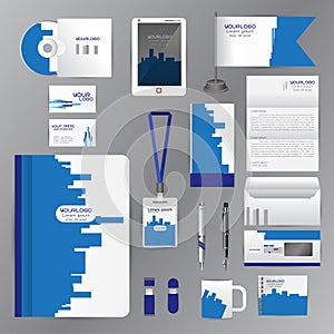 White identity template with blue origami elements. Vector company style for brandbook guideline and Pens mugs CDs books business