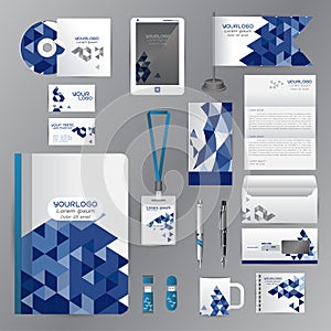 White identity template with blue origami elements. Vector company style for brandbook guideline and Pens mugs CDs books business