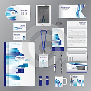 White identity template with blue origami elements. Vector company style for brandbook guideline and Pens mugs CDs books business