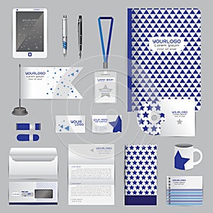 White identity template with blue origami elements. Vector company style for brandbook guideline and Pens mugs CDs books business