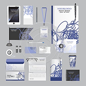 White identity template with blue origami elements. Vector company style for brandbook guideline and Pens mugs CDs books business