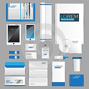 White identity template with blue origami elements. Vector company style for brandbook guideline and Pens mugs CDs books business