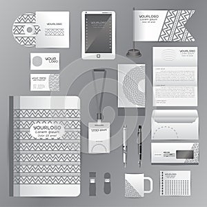White identity template with gray origami elements. Vector company style for brandbook guideline and Pens mugs CDs books business