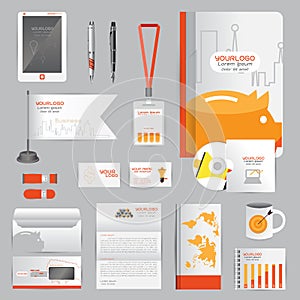 White identity template with Orange Pig Business charts the work of saving and Pens mugs CDs books business cards letterhead flag