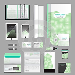 White identity template with origami elements. Vector company style for brandbook guideline and Pens mugs CDs books business cards