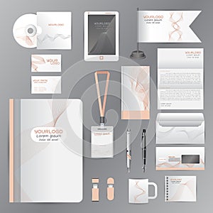 White identity template with pink origami elements. Vector company style for brandbook guideline and Pens mugs CDs books business