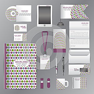 White identity template with purple vintage origami elementsVector company style for brandbook guideline and Pens mugs CDs books