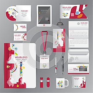 White identity template with red origami elements. Vector company style for brandbook guideline and Pens mugs CDs books business