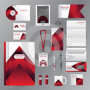 White identity template with red origami elements. Vector company style for brandbook guideline and Pens mugs CDs books business c