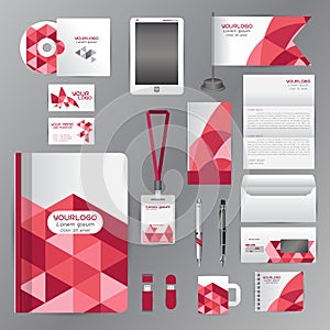 White identity template with red triangle origami elementsVector company style for brandbook guideline and Pens mugs CDs books bu