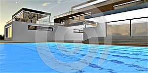 White illumination of modern suburban housing in a minimalist style at night. Glowing steps underwater in the pool. 3d rendering