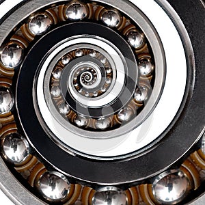 on white Incredible unusual industrial asymmetrical Ball Bearing spiral. Spiral effect bearing manufacturing technology.